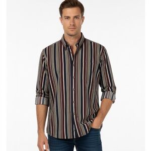 LOAFERS Reed St. James Striped Casual Button Down Shirt, Men’s L, Burgundy Navy